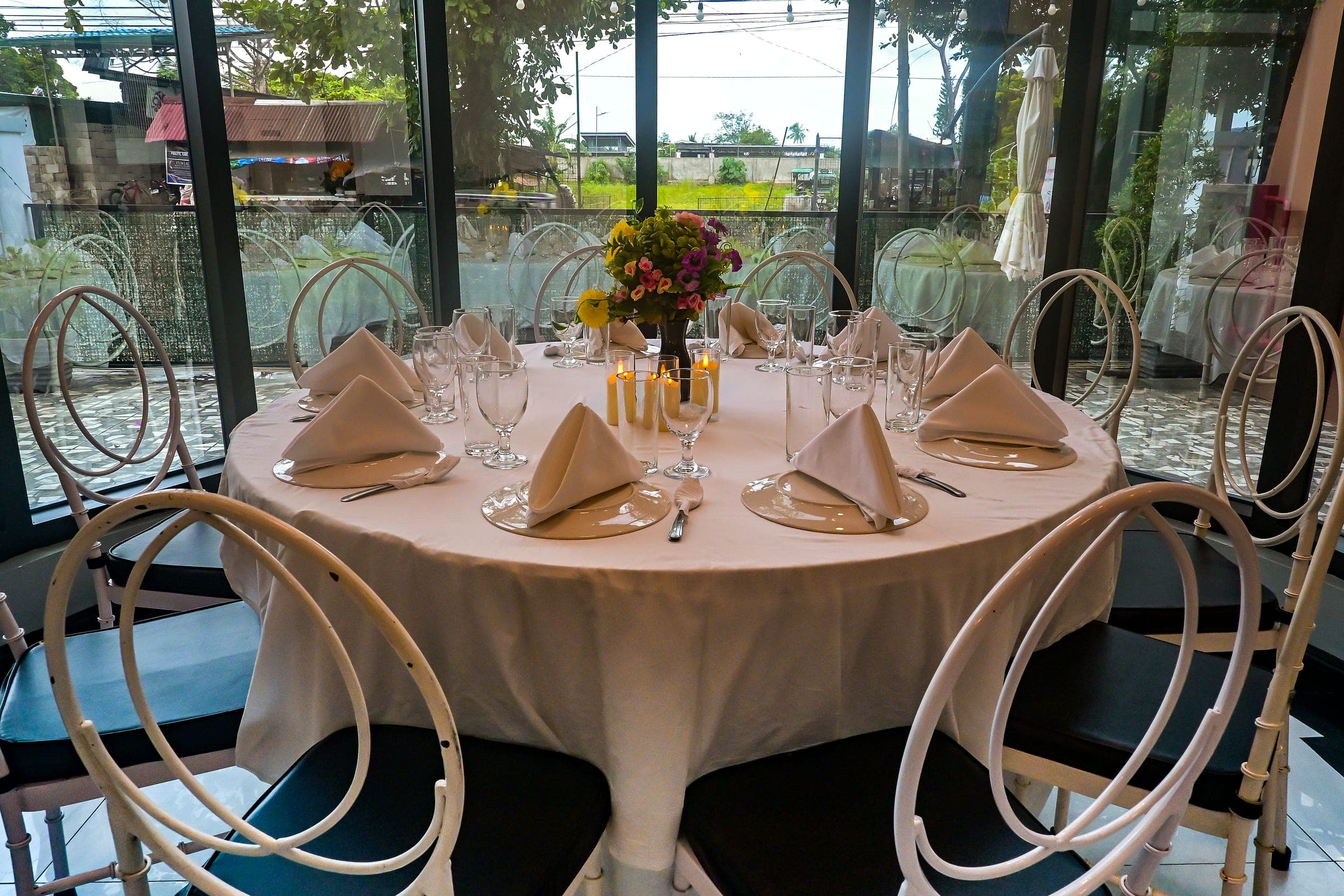 The glass-walled dining pavilion
